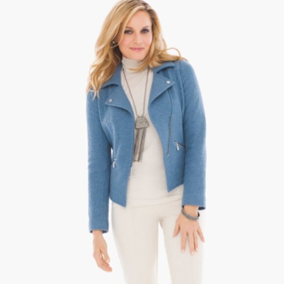 CHICO'S Boiled Wool Moto Jacket Zip Up Blue Grey S 4 6 Women Coat Zip Accents - Picture 2 of 11